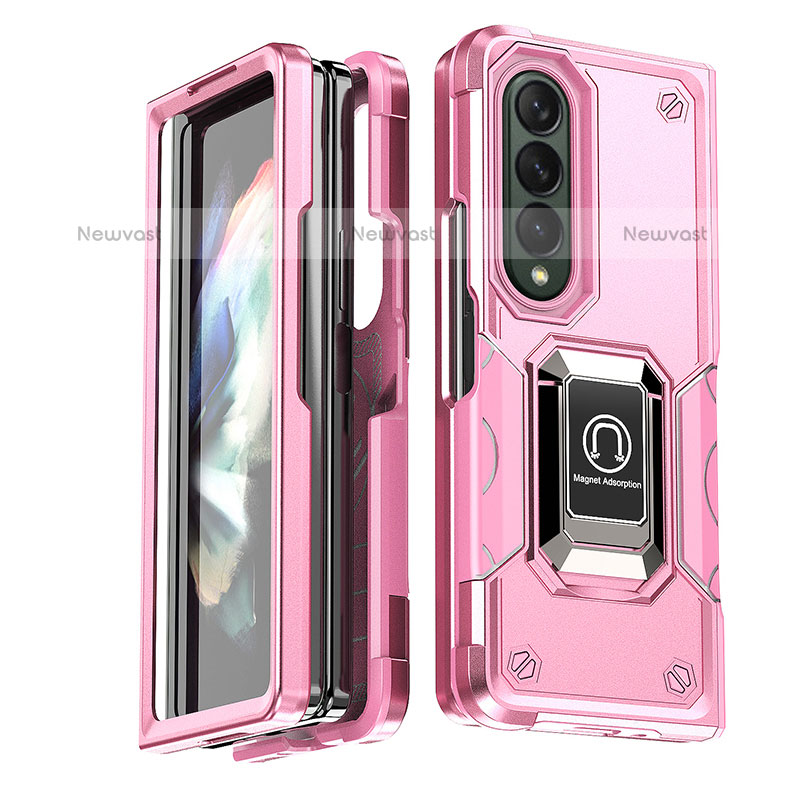 Silicone Matte Finish and Plastic Back Cover Case with Magnetic Finger Ring Stand QW1 for Samsung Galaxy Z Fold3 5G