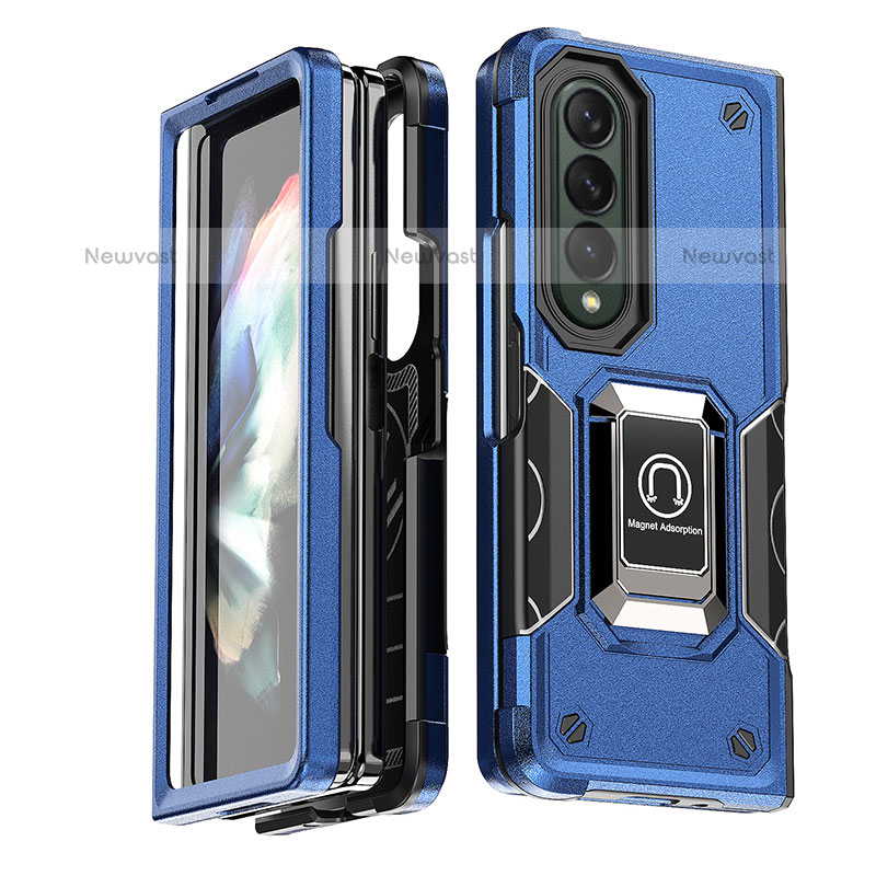 Silicone Matte Finish and Plastic Back Cover Case with Magnetic Finger Ring Stand QW1 for Samsung Galaxy Z Fold3 5G Blue