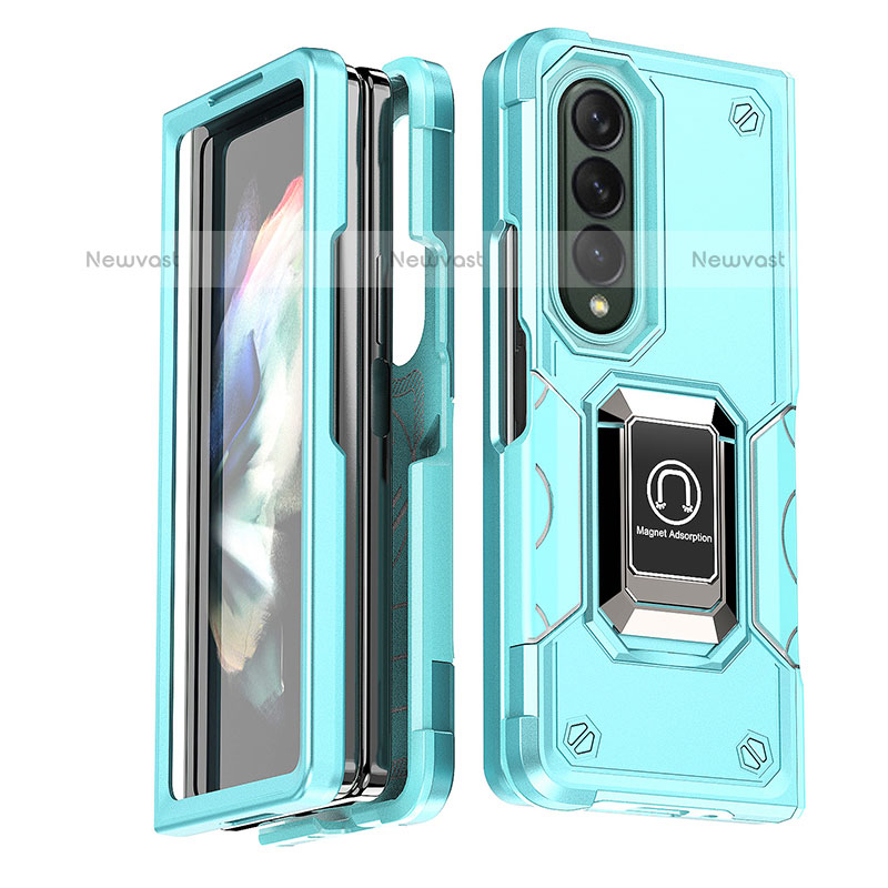 Silicone Matte Finish and Plastic Back Cover Case with Magnetic Finger Ring Stand QW1 for Samsung Galaxy Z Fold3 5G Mint Blue