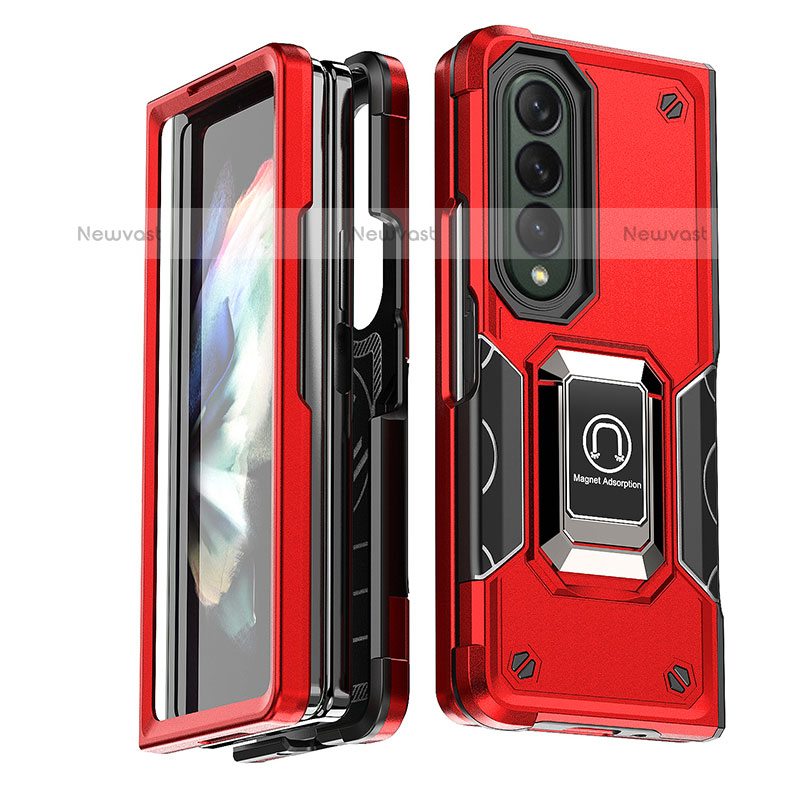 Silicone Matte Finish and Plastic Back Cover Case with Magnetic Finger Ring Stand QW1 for Samsung Galaxy Z Fold3 5G Red