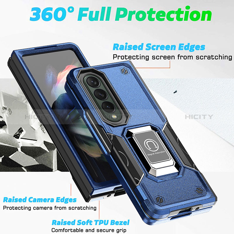 Silicone Matte Finish and Plastic Back Cover Case with Magnetic Finger Ring Stand QW1 for Samsung Galaxy Z Fold4 5G