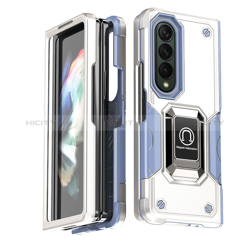 Silicone Matte Finish and Plastic Back Cover Case with Magnetic Finger Ring Stand QW1 for Samsung Galaxy Z Fold4 5G