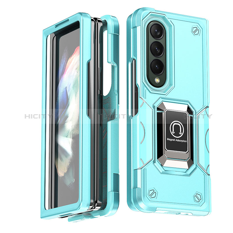 Silicone Matte Finish and Plastic Back Cover Case with Magnetic Finger Ring Stand QW1 for Samsung Galaxy Z Fold4 5G