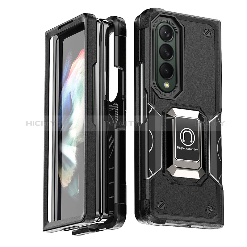 Silicone Matte Finish and Plastic Back Cover Case with Magnetic Finger Ring Stand QW1 for Samsung Galaxy Z Fold4 5G Black