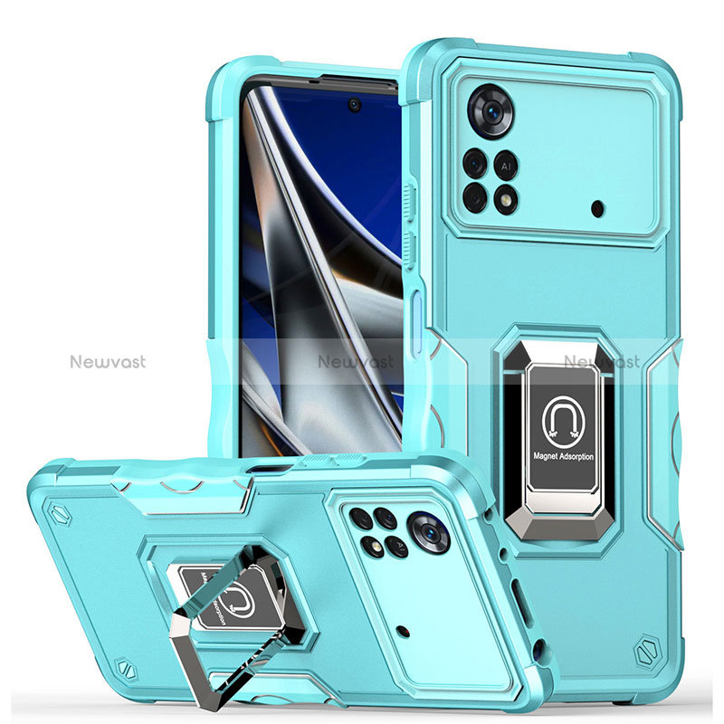 Silicone Matte Finish and Plastic Back Cover Case with Magnetic Finger Ring Stand QW1 for Xiaomi Poco M4 Pro 4G Mint Blue