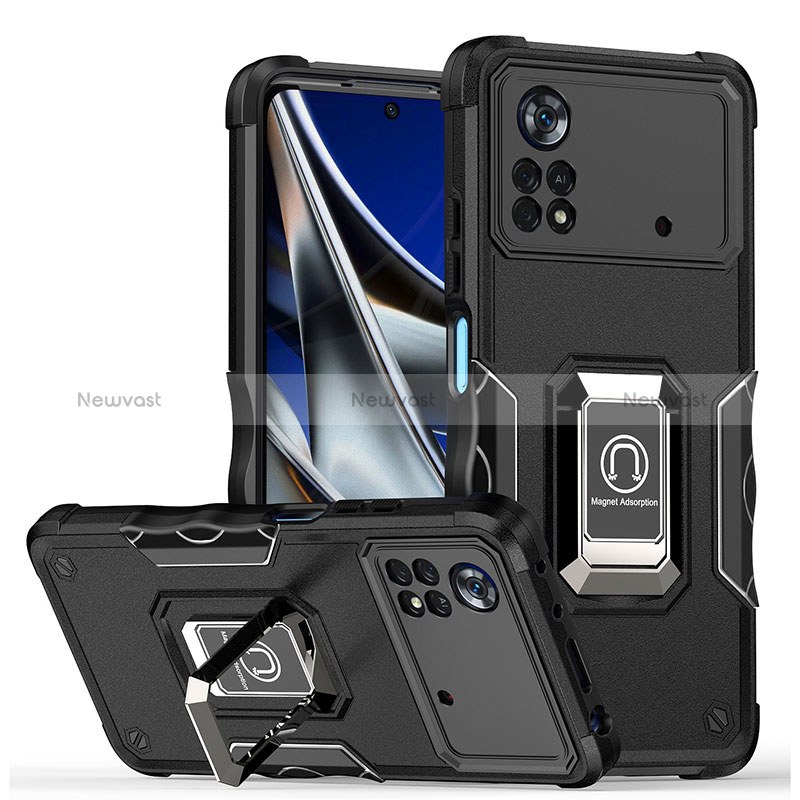 Silicone Matte Finish and Plastic Back Cover Case with Magnetic Finger Ring Stand QW1 for Xiaomi Poco X4 Pro 5G Black