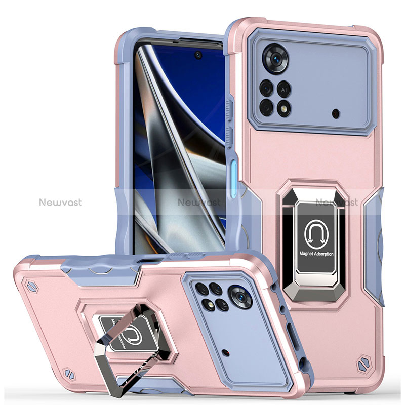 Silicone Matte Finish and Plastic Back Cover Case with Magnetic Finger Ring Stand QW1 for Xiaomi Poco X4 Pro 5G Pink