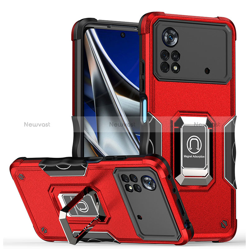 Silicone Matte Finish and Plastic Back Cover Case with Magnetic Finger Ring Stand QW1 for Xiaomi Poco X4 Pro 5G Red