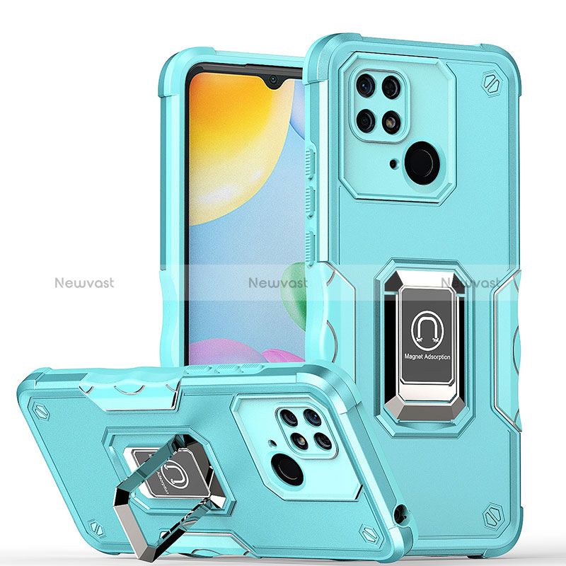 Silicone Matte Finish and Plastic Back Cover Case with Magnetic Finger Ring Stand QW1 for Xiaomi Redmi 10 India Mint Blue