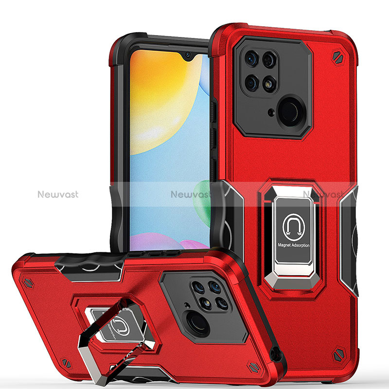 Silicone Matte Finish and Plastic Back Cover Case with Magnetic Finger Ring Stand QW1 for Xiaomi Redmi 10 India Red