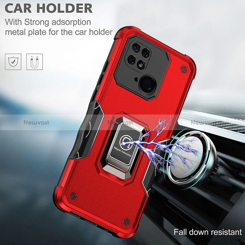 Silicone Matte Finish and Plastic Back Cover Case with Magnetic Finger Ring Stand QW1 for Xiaomi Redmi 10 Power