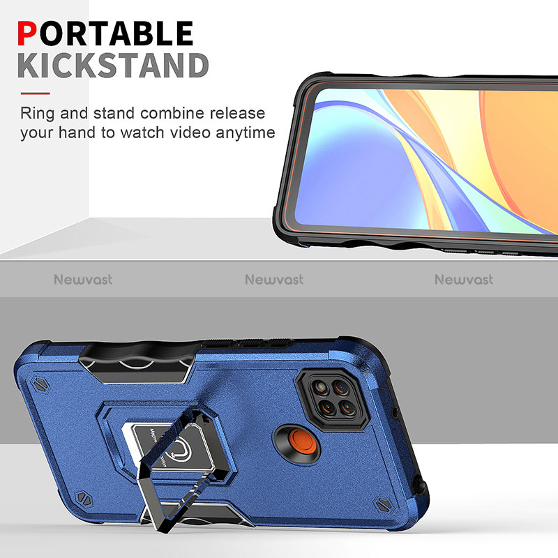 Silicone Matte Finish and Plastic Back Cover Case with Magnetic Finger Ring Stand QW1 for Xiaomi Redmi 9 Activ