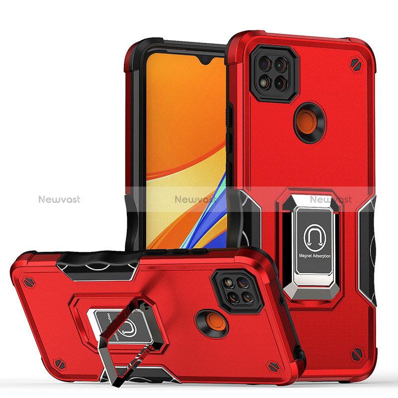 Silicone Matte Finish and Plastic Back Cover Case with Magnetic Finger Ring Stand QW1 for Xiaomi Redmi 9 Activ Red