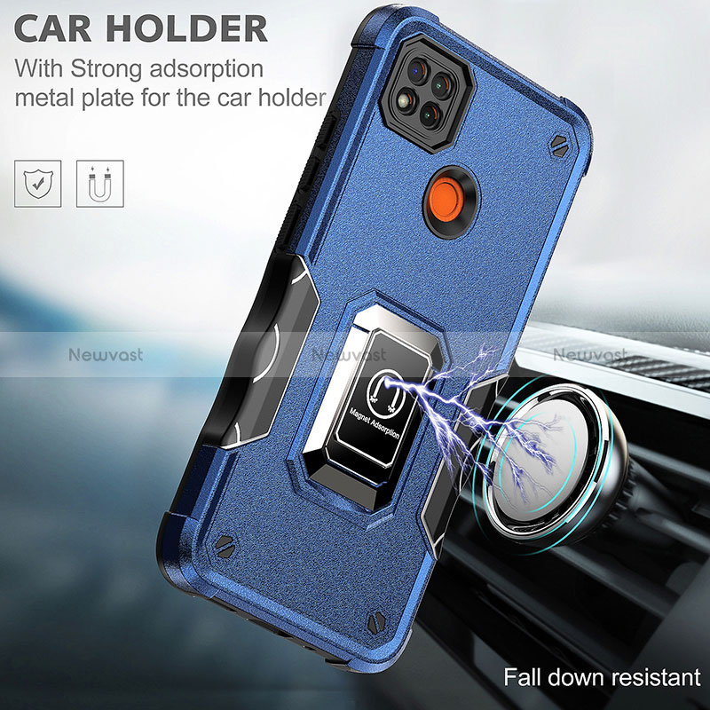 Silicone Matte Finish and Plastic Back Cover Case with Magnetic Finger Ring Stand QW1 for Xiaomi Redmi 9 India