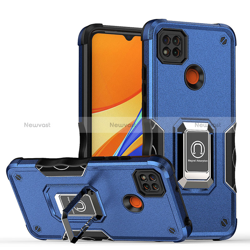 Silicone Matte Finish and Plastic Back Cover Case with Magnetic Finger Ring Stand QW1 for Xiaomi Redmi 9 India