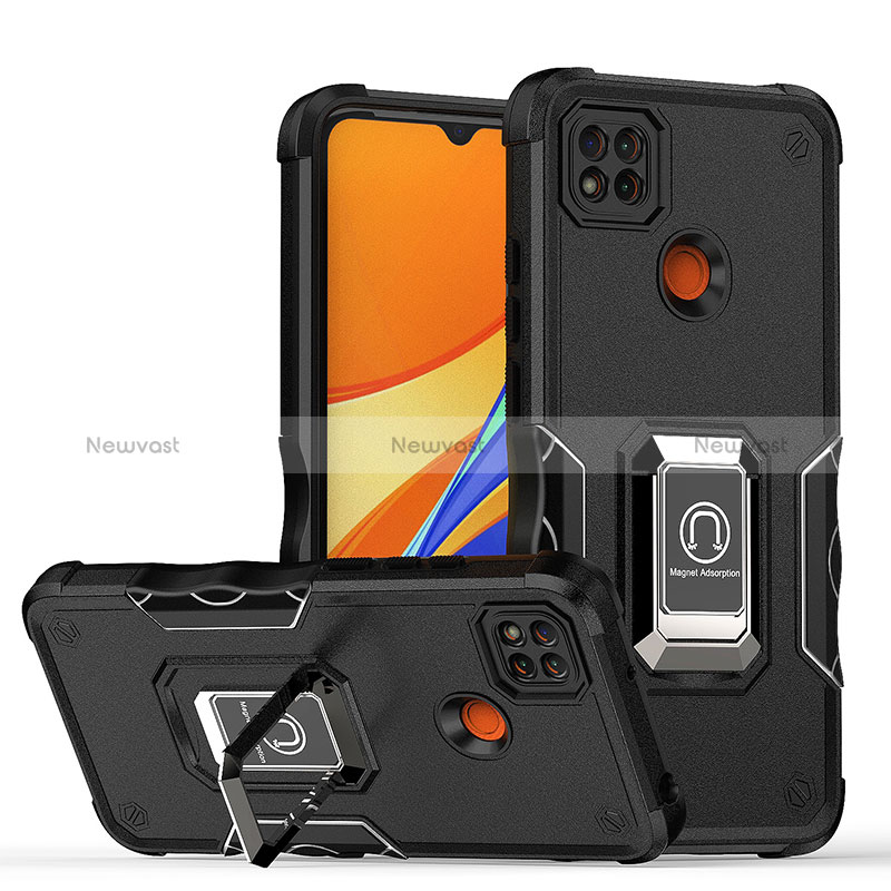 Silicone Matte Finish and Plastic Back Cover Case with Magnetic Finger Ring Stand QW1 for Xiaomi Redmi 9 India Black