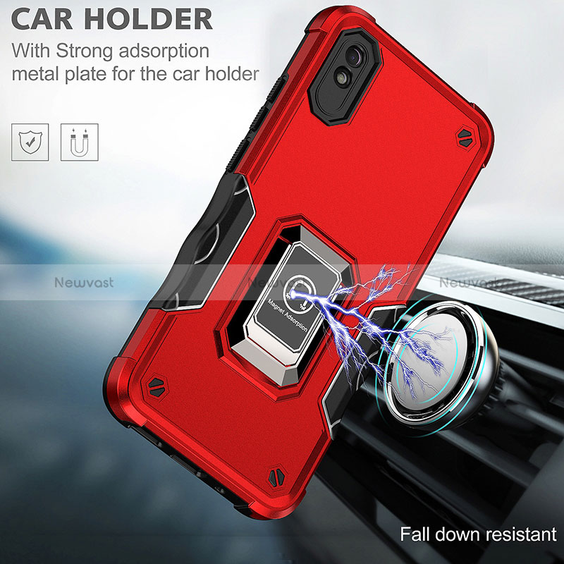 Silicone Matte Finish and Plastic Back Cover Case with Magnetic Finger Ring Stand QW1 for Xiaomi Redmi 9A