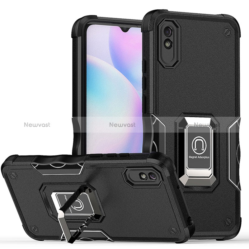 Silicone Matte Finish and Plastic Back Cover Case with Magnetic Finger Ring Stand QW1 for Xiaomi Redmi 9A Black