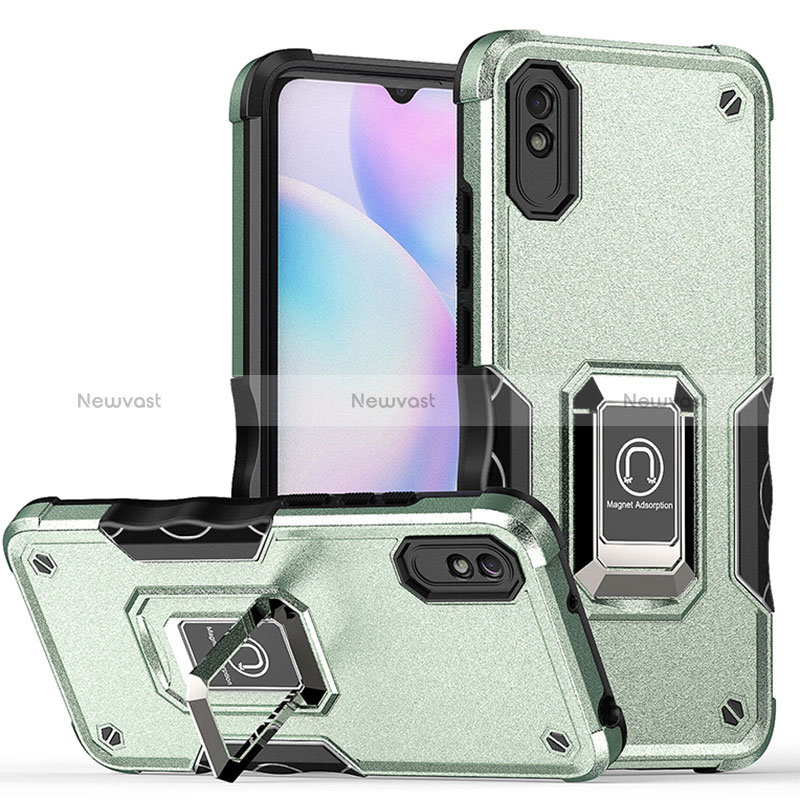 Silicone Matte Finish and Plastic Back Cover Case with Magnetic Finger Ring Stand QW1 for Xiaomi Redmi 9A Matcha Green