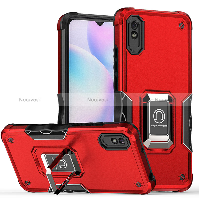 Silicone Matte Finish and Plastic Back Cover Case with Magnetic Finger Ring Stand QW1 for Xiaomi Redmi 9A Red