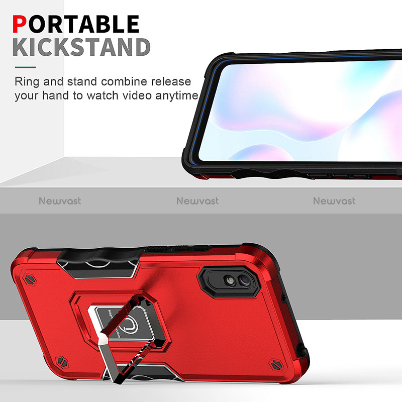 Silicone Matte Finish and Plastic Back Cover Case with Magnetic Finger Ring Stand QW1 for Xiaomi Redmi 9AT