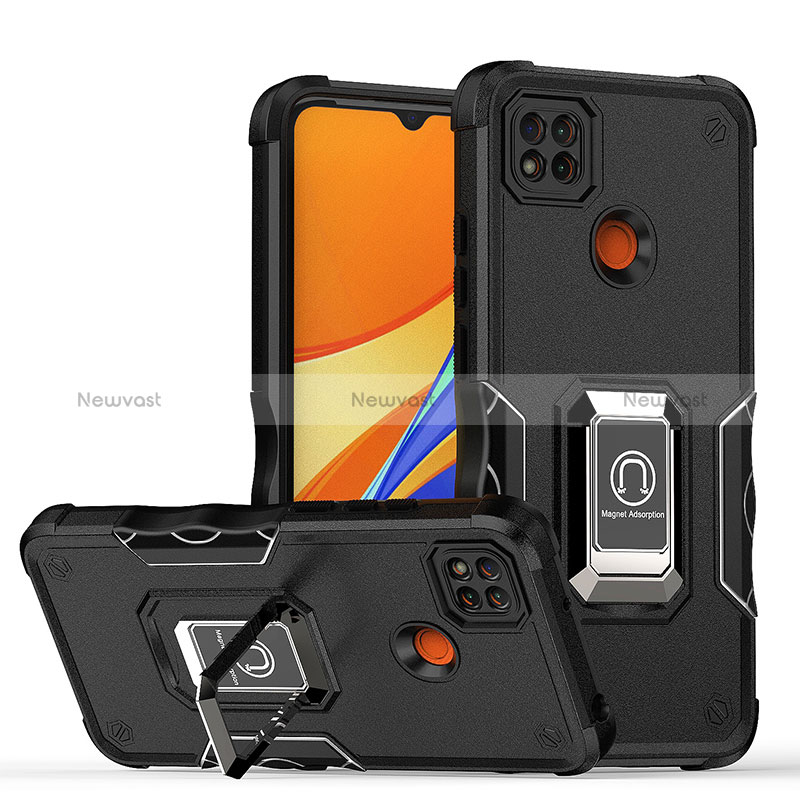 Silicone Matte Finish and Plastic Back Cover Case with Magnetic Finger Ring Stand QW1 for Xiaomi Redmi 9C