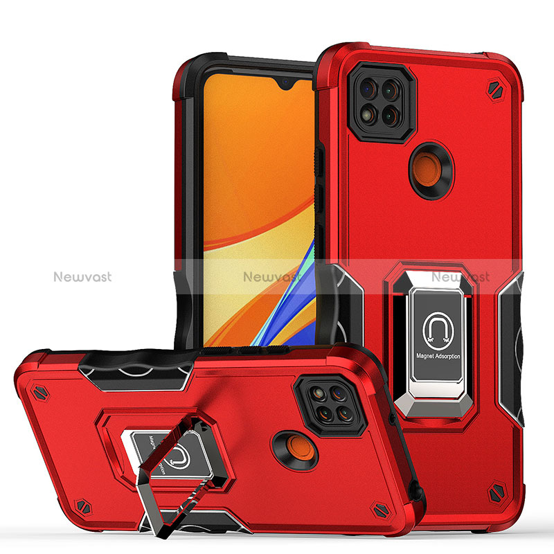 Silicone Matte Finish and Plastic Back Cover Case with Magnetic Finger Ring Stand QW1 for Xiaomi Redmi 9C NFC Red