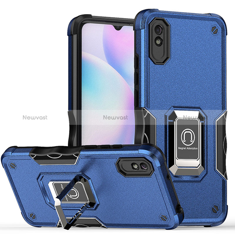 Silicone Matte Finish and Plastic Back Cover Case with Magnetic Finger Ring Stand QW1 for Xiaomi Redmi 9i Blue