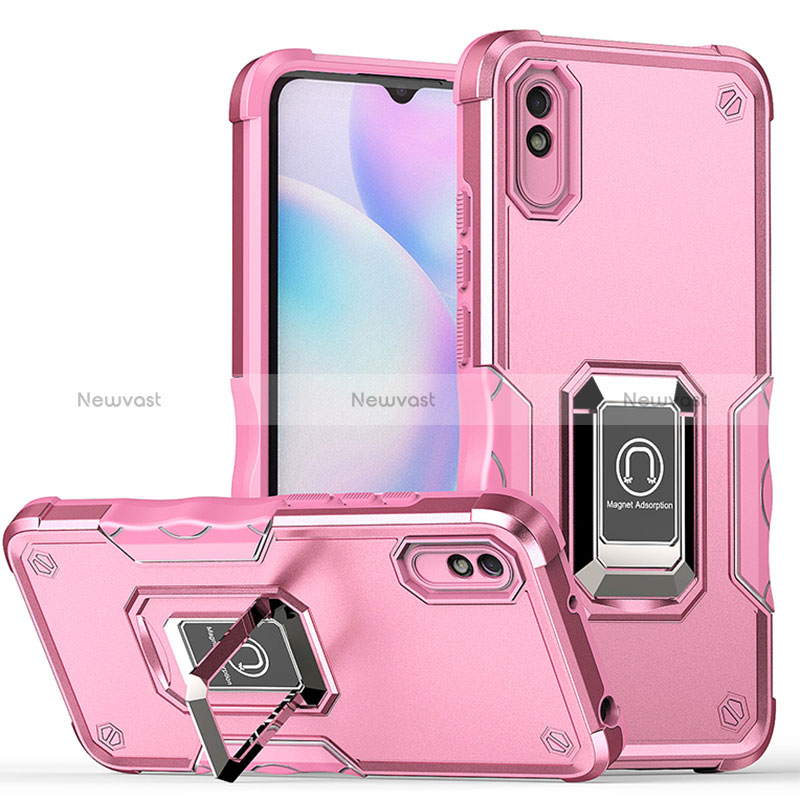 Silicone Matte Finish and Plastic Back Cover Case with Magnetic Finger Ring Stand QW1 for Xiaomi Redmi 9i Hot Pink