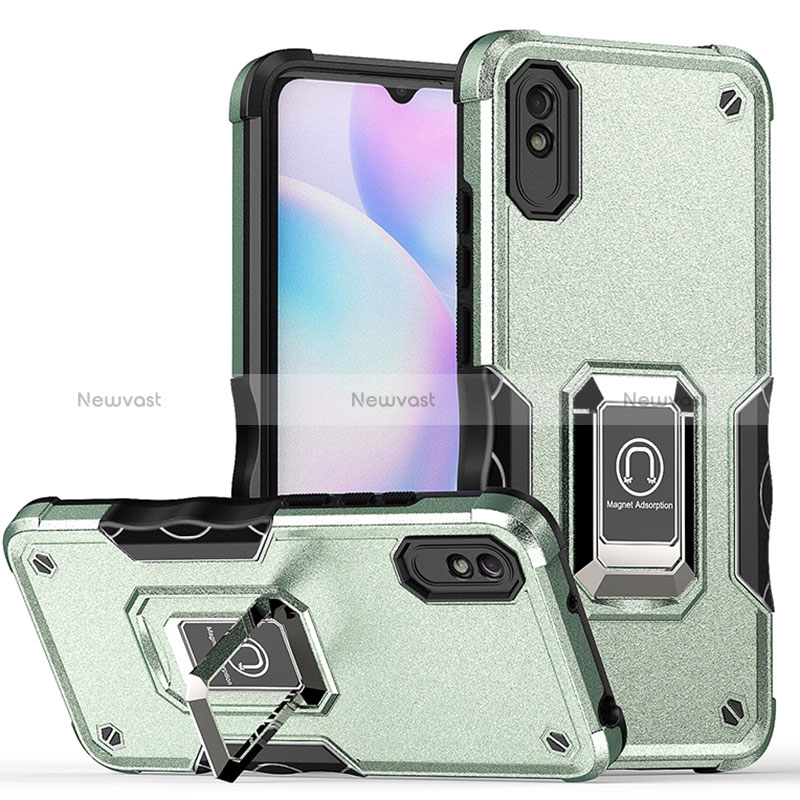 Silicone Matte Finish and Plastic Back Cover Case with Magnetic Finger Ring Stand QW1 for Xiaomi Redmi 9i Matcha Green