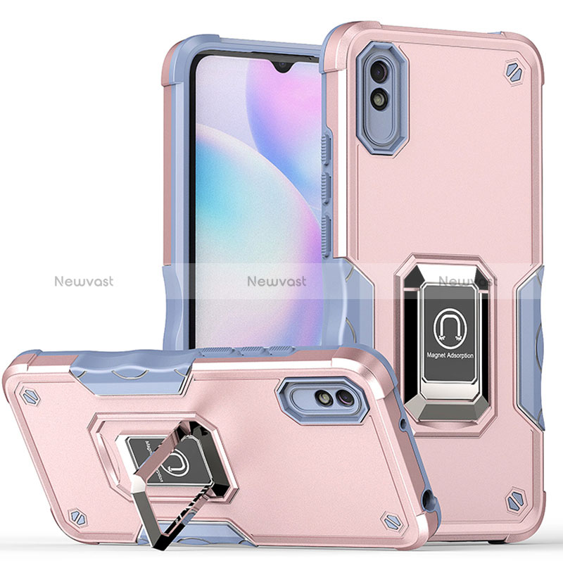 Silicone Matte Finish and Plastic Back Cover Case with Magnetic Finger Ring Stand QW1 for Xiaomi Redmi 9i Pink