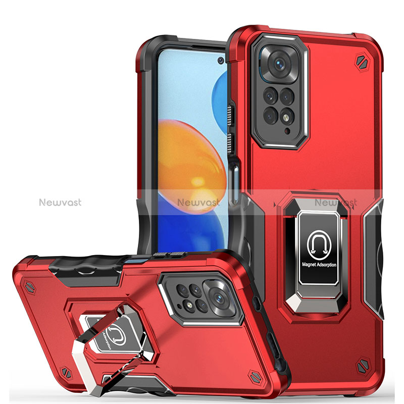 Silicone Matte Finish and Plastic Back Cover Case with Magnetic Finger Ring Stand QW1 for Xiaomi Redmi Note 11 Pro 5G Red