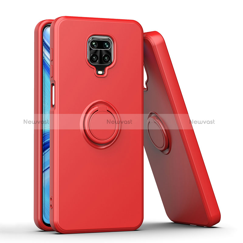 Silicone Matte Finish and Plastic Back Cover Case with Magnetic Finger Ring Stand QW1 for Xiaomi Redmi Note 9 Pro Max