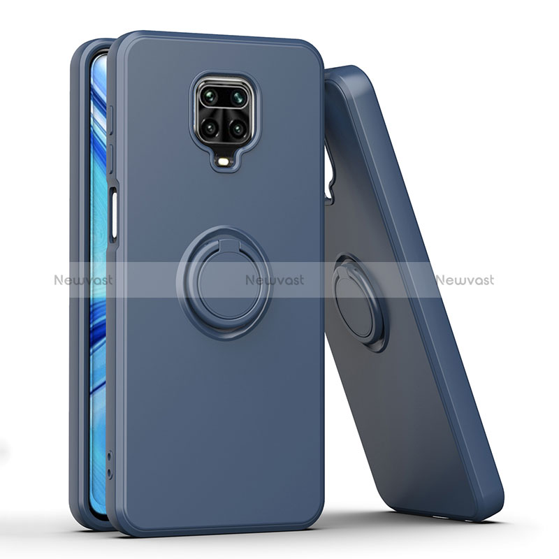 Silicone Matte Finish and Plastic Back Cover Case with Magnetic Finger Ring Stand QW1 for Xiaomi Redmi Note 9 Pro Max Blue