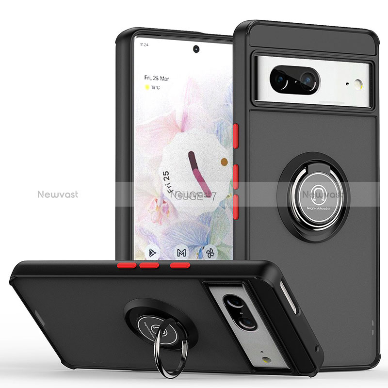 Silicone Matte Finish and Plastic Back Cover Case with Magnetic Finger Ring Stand QW2 for Google Pixel 7 5G