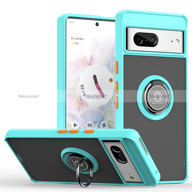 Silicone Matte Finish and Plastic Back Cover Case with Magnetic Finger Ring Stand QW2 for Google Pixel 7 5G Cyan