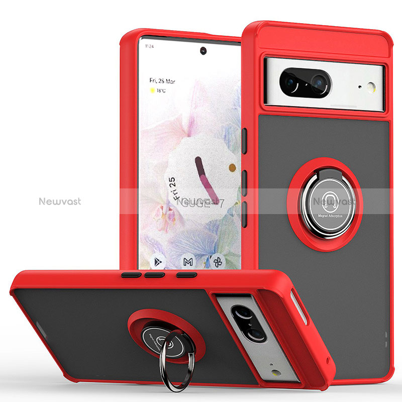 Silicone Matte Finish and Plastic Back Cover Case with Magnetic Finger Ring Stand QW2 for Google Pixel 7 5G Red