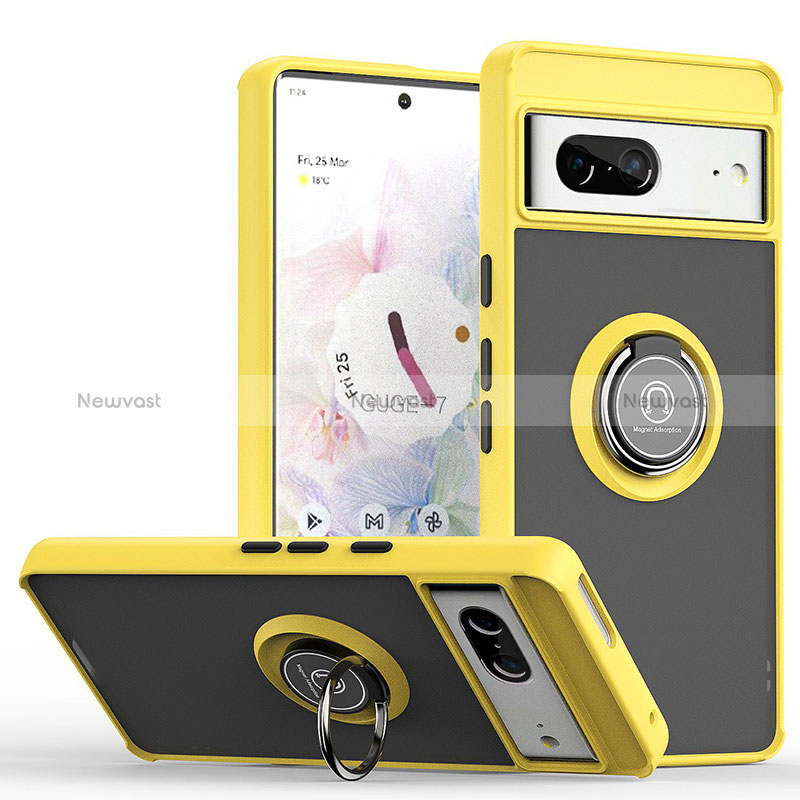 Silicone Matte Finish and Plastic Back Cover Case with Magnetic Finger Ring Stand QW2 for Google Pixel 7 5G Yellow