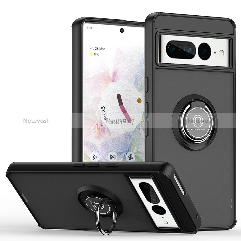 Silicone Matte Finish and Plastic Back Cover Case with Magnetic Finger Ring Stand QW2 for Google Pixel 7 Pro 5G Black