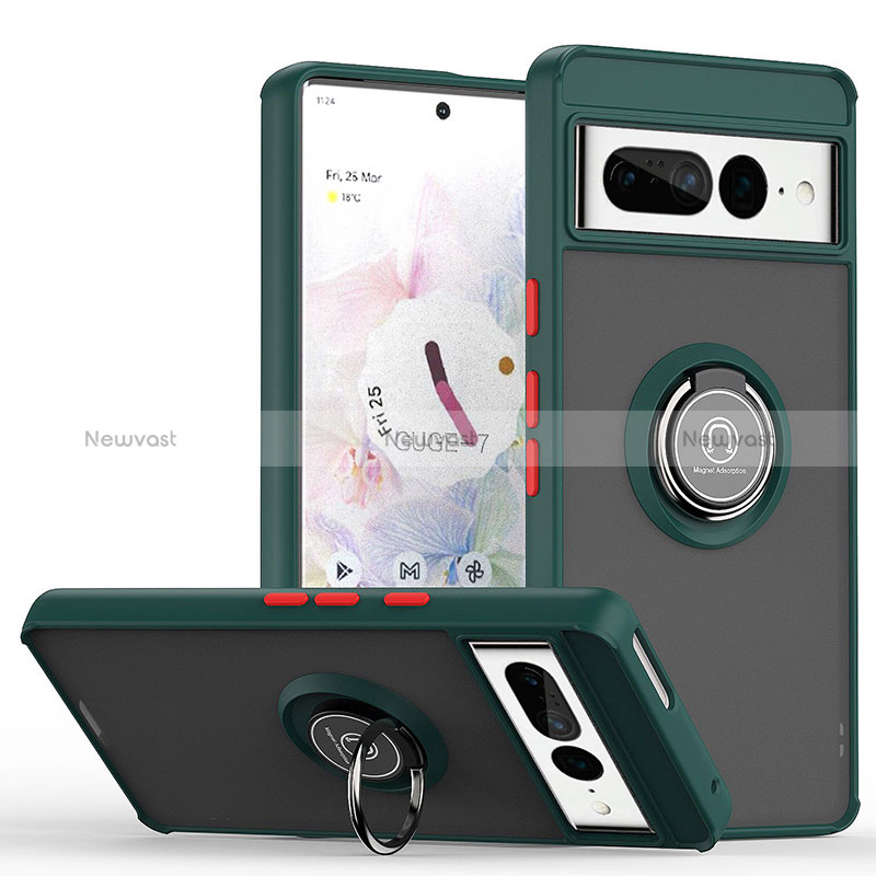 Silicone Matte Finish and Plastic Back Cover Case with Magnetic Finger Ring Stand QW2 for Google Pixel 7 Pro 5G Midnight Green