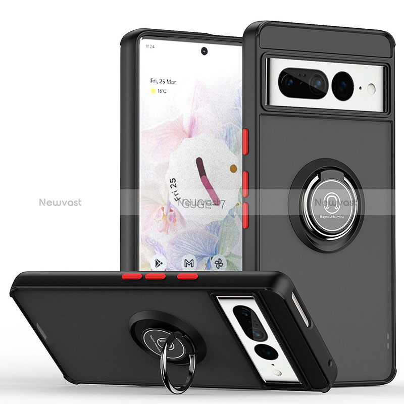 Silicone Matte Finish and Plastic Back Cover Case with Magnetic Finger Ring Stand QW2 for Google Pixel 7 Pro 5G Red and Black