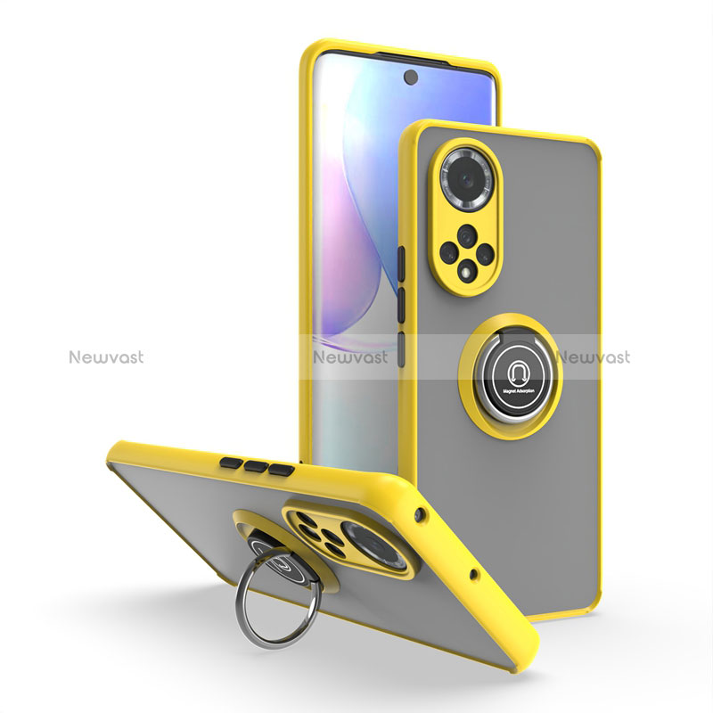 Silicone Matte Finish and Plastic Back Cover Case with Magnetic Finger Ring Stand QW2 for Huawei Honor 50 5G Yellow