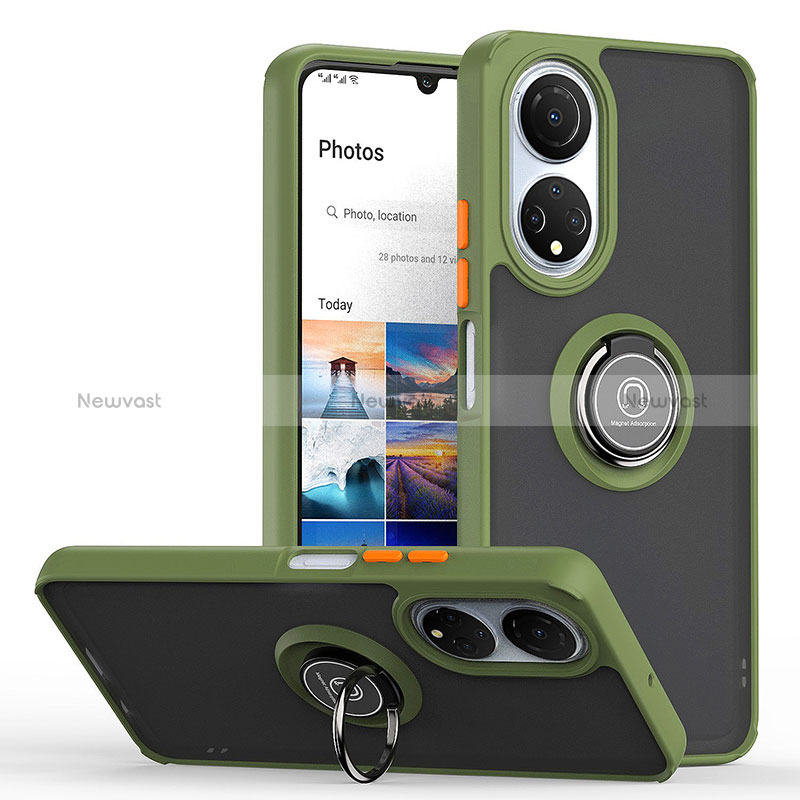 Silicone Matte Finish and Plastic Back Cover Case with Magnetic Finger Ring Stand QW2 for Huawei Honor X7 Army green