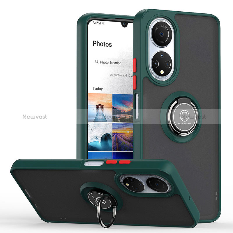 Silicone Matte Finish and Plastic Back Cover Case with Magnetic Finger Ring Stand QW2 for Huawei Honor X7 Midnight Green