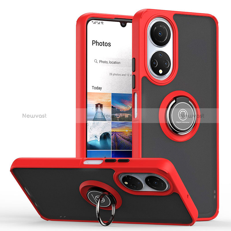 Silicone Matte Finish and Plastic Back Cover Case with Magnetic Finger Ring Stand QW2 for Huawei Honor X7 Red