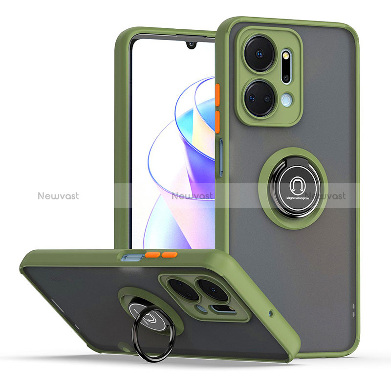 Silicone Matte Finish and Plastic Back Cover Case with Magnetic Finger Ring Stand QW2 for Huawei Honor X7a Army green