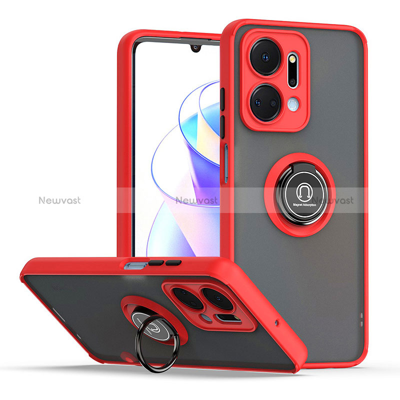 Silicone Matte Finish and Plastic Back Cover Case with Magnetic Finger Ring Stand QW2 for Huawei Honor X7a Red