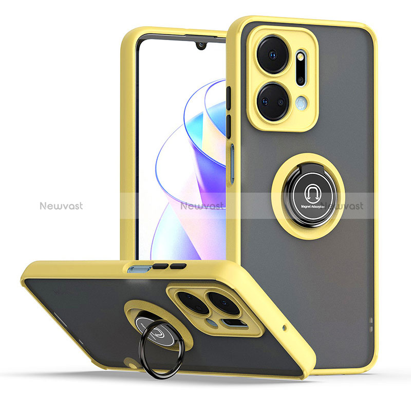 Silicone Matte Finish and Plastic Back Cover Case with Magnetic Finger Ring Stand QW2 for Huawei Honor X7a Yellow