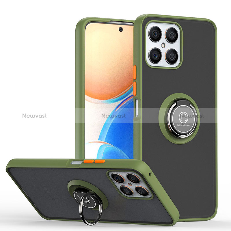 Silicone Matte Finish and Plastic Back Cover Case with Magnetic Finger Ring Stand QW2 for Huawei Honor X8 4G Army green