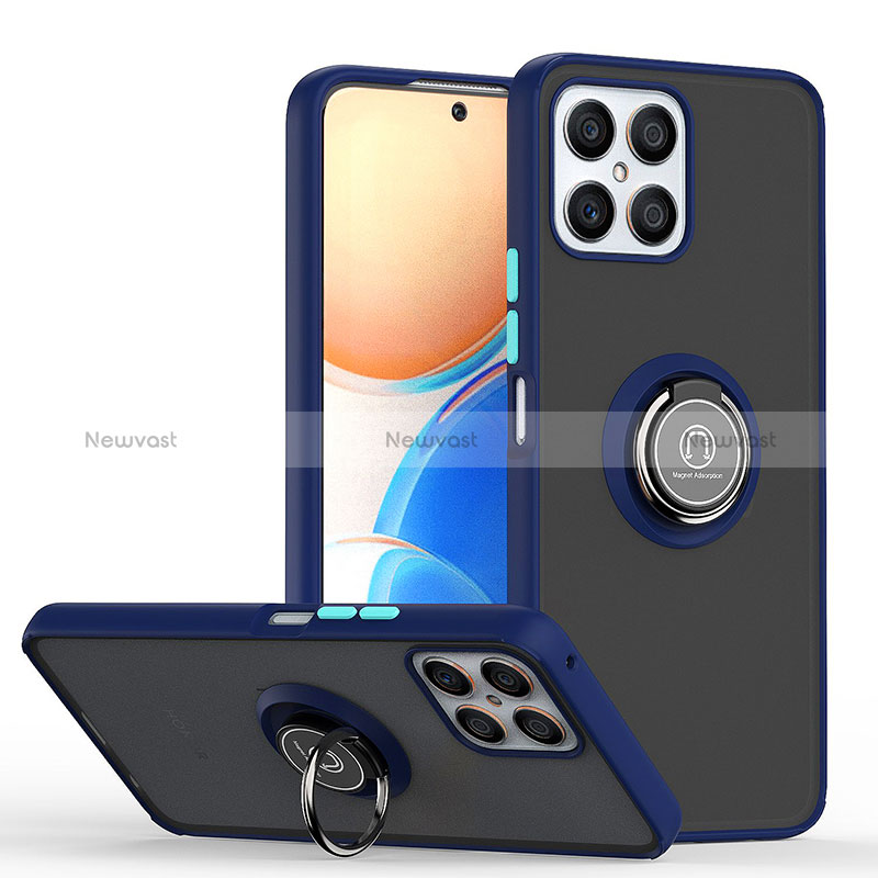 Silicone Matte Finish and Plastic Back Cover Case with Magnetic Finger Ring Stand QW2 for Huawei Honor X8 4G Blue